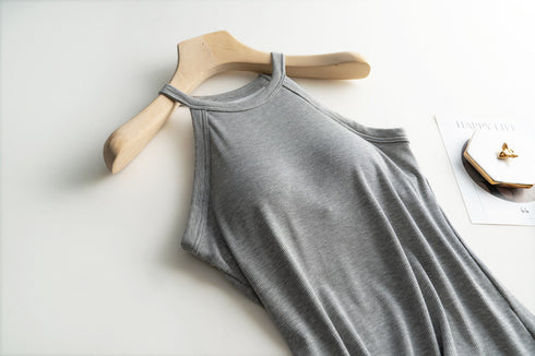 Slim Halter Neck Off-Shoulder Camisole Tops for Women - Stylish Solid Tank Tees with Chest Pad for Comfortable Summer Wear